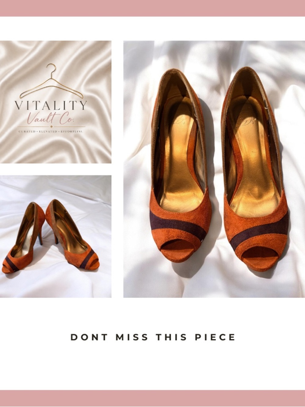 Vintage Suede Peep-Toe Pumps in Rust and Brown -